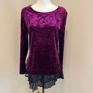Karen Kane Crushed Velvet Long Sleeve Top Lace Hem Whimsigoth Dark Fairy M